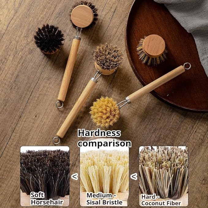 Bamboo Dish Brush - Kitchen Scrub Brushes with 3 Replacement Heads | Natural Bristle | Sisal | Horse Hair - Pot Brush with Wooden Handle for Cleaning Grills, Pans, Stoves