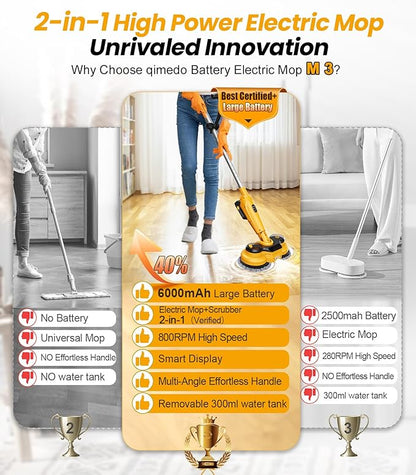 qimedo 6000mAh Battery Cordless Electric Mop M3 Pro, 800RPM Electric Power Scrubber & Mops for Floor Cleaning, Automatic Spin Mops with Smart Display,Rotating Mop with LED Light & Water Spray