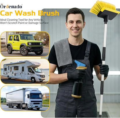 Ordenado 56" Car Wash Brush with Long Handle - Car Cleaning Brush with Soft Bristle & Squeegee, Scratch-Free Car Cleaning Mop Kit for Washing Exterior & Snow, Universal for RV Boat Truck SUV Yellow
