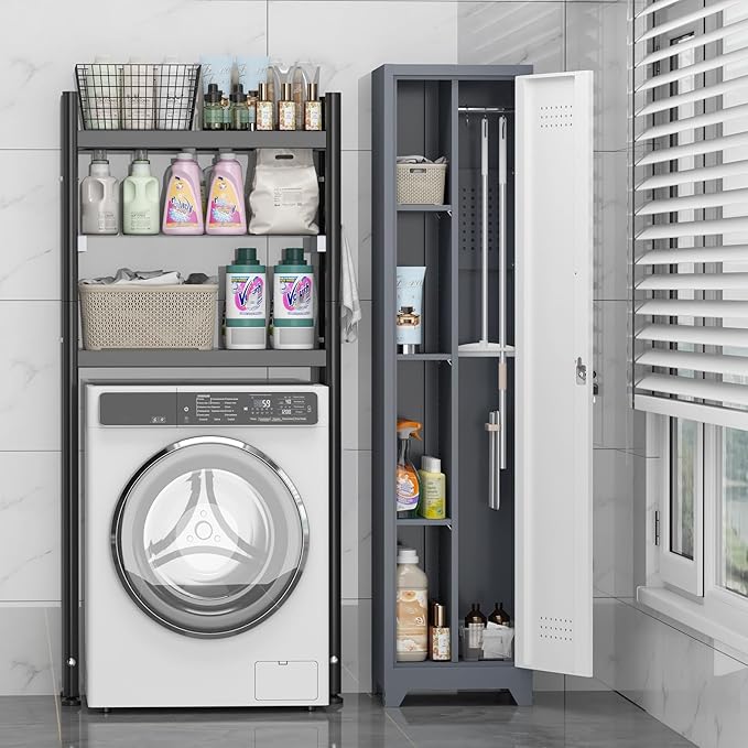 Broom Closet Utility Storage Cabinet with Locking Door and 2 Shelves, 65" H Slim Tool Cabinet for Broom and Mops (Gray,65“H-1 Door) (GrayWhite, 65" H-1Door)