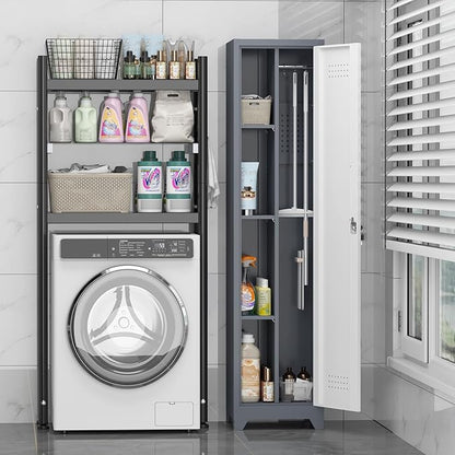 Broom Closet Utility Storage Cabinet with Locking Door and 2 Shelves, 65" H Slim Tool Cabinet for Broom and Mops (Gray,65“H-1 Door) (GrayWhite, 65" H-1Door)