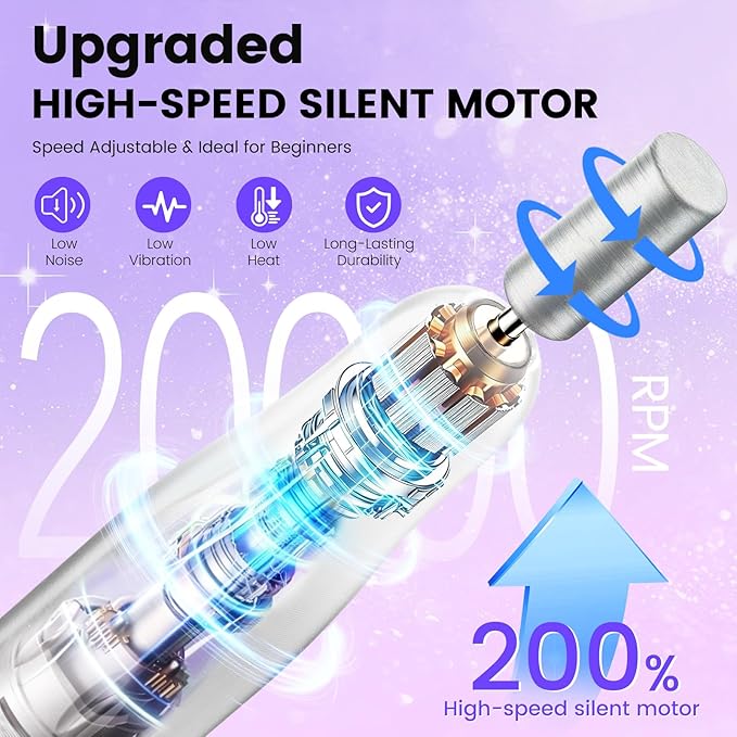Nail Drill with Dust Collector Kit: 20000RPM Professional Electric Nail File for Acrylic Gel Removal, Manicure Pedicure Polishing, Complete Nail Tool Set in Cosmetic Bag for Home Beginners (Silver)