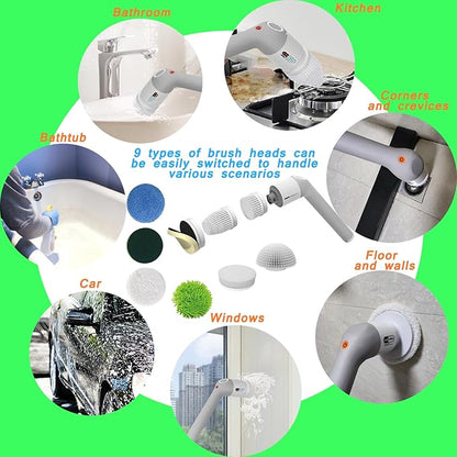 Electric Spin Scrubber,Bathroom Cleaner Brush with Full-Body IPX7 Waterproof,Shower Scrubber with Long Handle,Power Cleaning Brush with 9 Brush Heads,Cordless Scrubber for Kitchen,Tub,Tile,Galss,Floor