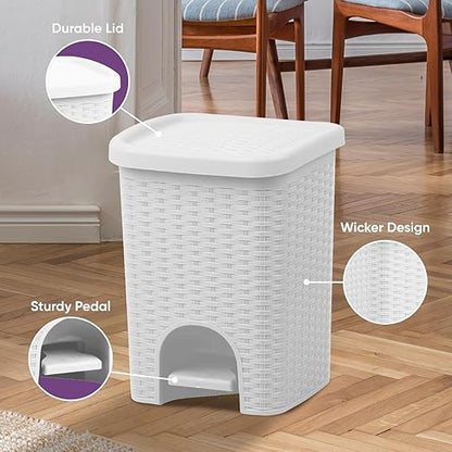 Superio 2-Pack Mini 6L Step Pedal Trash Can - Wicker Design, Hidden Mechanism, Durable Plastic, Ideal for Desktop, Countertop, Pet Waste/Dog Poop- White