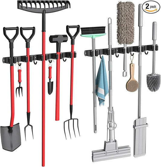 2 Pack Mop and Broom Holder Wall Mount, 5 Racks and 4 Hooks Broom Organizer Storage Garage Tool Racks Wall Mounted Mop Hanger for Home Kitchen Garden Laundry (Black)