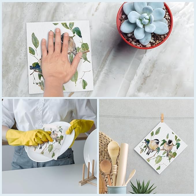 Swedish Dishcloths for Kitchen, Bird Dish Rags Kitchen Dish Towels for Washing Dishes, 4 Pack Reusable Paper Towels, Sponge Cloths for Home Cleaning Baking Cooking