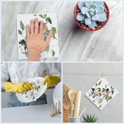 Swedish Dishcloths for Kitchen, Bird Dish Rags Kitchen Dish Towels for Washing Dishes, 4 Pack Reusable Paper Towels, Sponge Cloths for Home Cleaning Baking Cooking