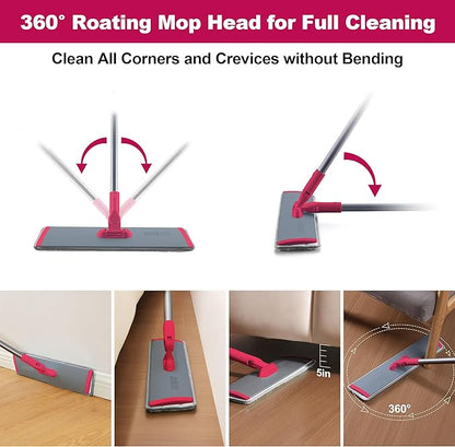 JOYMOOP 18 Inch Dust Mop for Hardwood Floors, Heavy Duty Industrial Wet Dry Mops with Telescopic Handle, Includes 3 Microfiber Mop Pads - Red-Grey