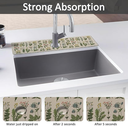 24" X 5.5" Kitchen Sink Splash Guard Faucet Mat Floral Super Absorbent Fast Drying Faucet Guard & Draining Mat Sink Splash Guard Behind Faucet for Kitchen, Bathroom