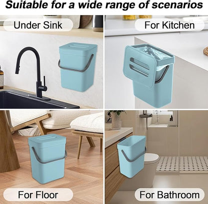 Compost Bin Kitchen, Includes 100 Trash Bags, Hanging Trash Can with Lid, Features Pet-Proof, Odor-Proof, and Quiet Opening/Closing. Suitable for Bathrooms/Bedrooms/Offices (Blue, 1.3 Gal/5 L)