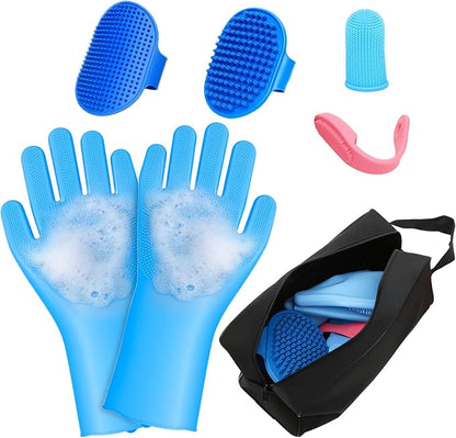 7 PCS Pet Grooming Kit for Dogs and Cats | Dog Washing Gloves | Dog Bath Brush | Cleanroom Gloves | Dog Shampoo Brush | Finger Toothbrushes | Storage Bag | All-in-One Pet Care (Ocean Blue)