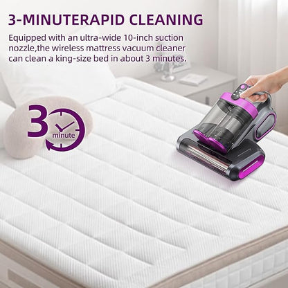 Cordless Mattress Vacuum Cleaner, 16Kpa Handheld Bed Vacuum with 253.7nm UV-C Light, Ultrasonic, Widened Suction, Low Noise, HEPA Filtration for Mattress Sofa Couch Pet Hair, Purple