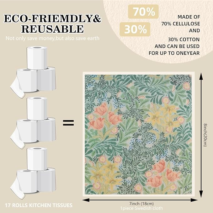 6 Pack Swedish Dishcloths for Kitchen |Watercolor Dish Towels | Reusable Paper Towels Washable | Non-Scratch Cellulose Sponge Cloths | No Odor, Biodegradable, Swedish Cloths, Fruit Plants