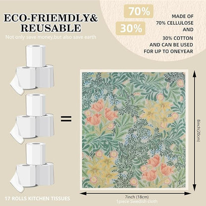 6 Pack Swedish Dishcloths for Kitchen |Watercolor Dish Towels | Reusable Paper Towels Washable | Non-Scratch Cellulose Sponge Cloths | No Odor, Biodegradable, Swedish Cloths, Fruit Plants