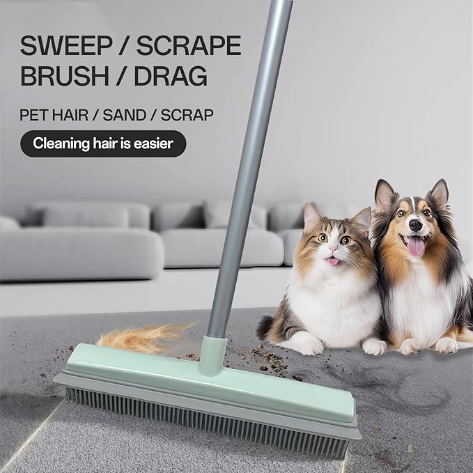 Pet Hair Rubber Broom with Squeegee for Carpet,Fur Remover Broom Carpet Rake for Pet Hair Removal, with 50" Long Handle