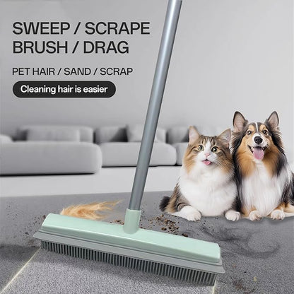 Pet Hair Rubber Broom with Squeegee for Carpet,Fur Remover Broom Carpet Rake for Pet Hair Removal, with 50" Long Handle