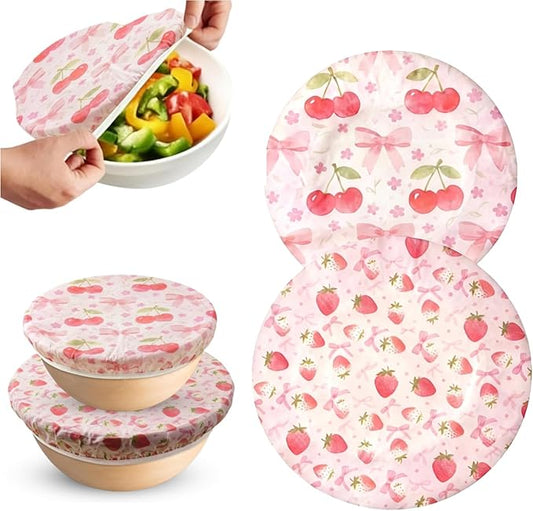 2-Pack Reusable Beeswax Bowl Covers with Pink Bow & Fruit Pattern, 10/12 Inch Elastic Cotton Food Storage Covers for Bread Proofing, Sourdough Dough & Kitchen Containers