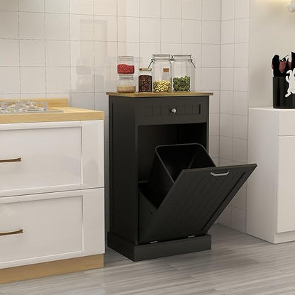 RASOO Tilt Out Trash Cabinet Wooden Freestanding Dog Proof Single Door 10 Gallons with Drawer Trash Can Cabinet