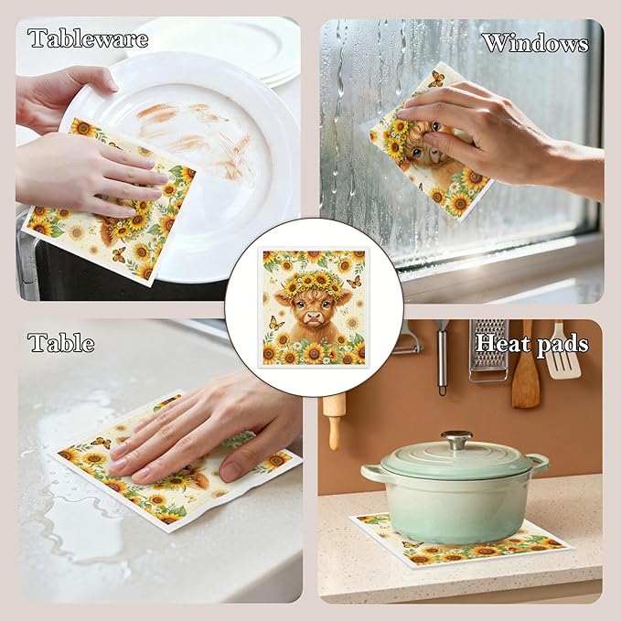 5 Pack Mixed Highland Cow Swedish Kitchen Dishcloths Dish Towels, Floral Highland Cow Dish Towels for Kitchen, Swedish Dishcloth, Paper Towels Reusable, Dish Cloth Towel Cleaning Wipe for Home