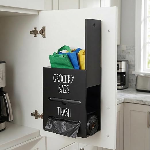 Trash Bag Dispenser, 2-in-1 Wall Mount Wooden Garbage Bag Holder, Under Sink Organizer for 4-13 Gallon Bags & Plastic Grocery Bags, Kitchen Cabinet Storage with Top Slot, Black