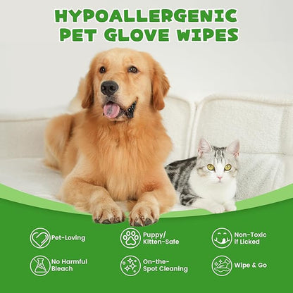 Pet Glove Wipes for Dogs & Cats, 20 Individually Wrapped Packs, Safe for Sensitive Skin, Quick Deodorizing, Loose Hair Removal, Full Body Grooming for Fur, Paws, Eyes & Ears, Bath & Travel