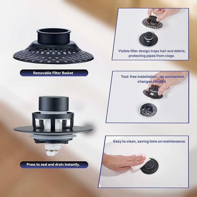 Universal Bathtub Drain Stopper with Removable Hair Catcher, 3-in-1 Pop-up Drain Plug Fits 1.38 to 2.1 Inch Holes, Upgrade Shower Drain Cover with Stainless Steel Filter