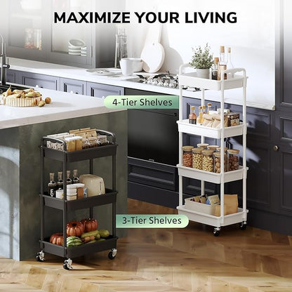 Goovilla Rolling Storage Cart, 3 Tier Rolling Utility Cart Organizer on Lockable Wheels, Charcoal Fruit Vegetable Storage Rack Also for Kitchen, Cans, Snack, Craft, Art, Office, Beauty