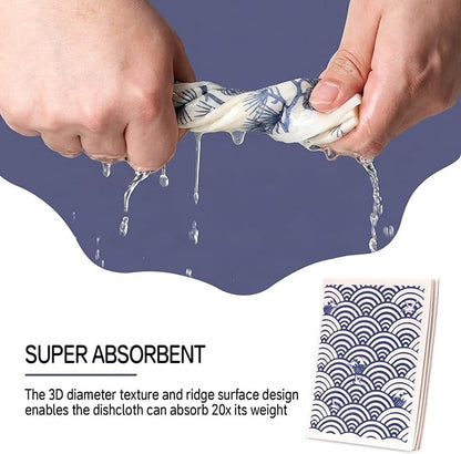 Swedish Dishcloths for Kitchen - 4 Pack Japanese Pattern Reusable Paper Towels, Non-Scratch Cellulose Cloths, No Odor, Biodegradable Cleaning Cloths