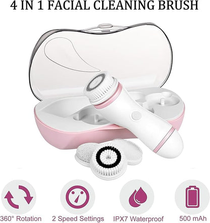 Facial Cleansing Brush, 4 in 1 Electric Face Scrubber with Travel Case and 4 Brush Heads, Waterproof Facial Cleansing Spin Brush for Gentle Exfoliation and Deep Cleaning (Pink)