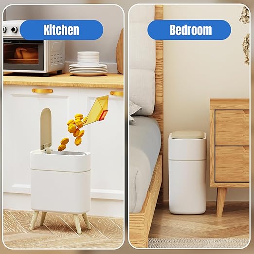 Yatmung 2 Pack - Motion Sensor Trash Can with Lid Slim Smart Garbage Can - Waste Basket for Bedroom, Office, Kitchen, Living Room - Automatic Trash Can Bathroom Touchless - White with Wooden Legs