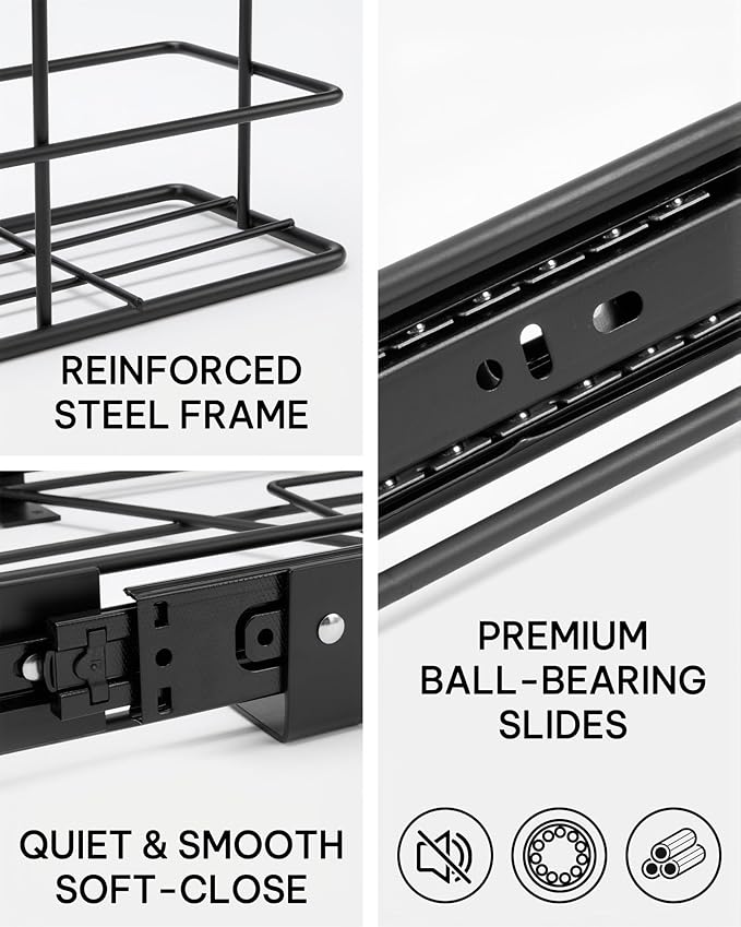 Bulado Pull Out Trash Can Under Cabinet, Under Sink Trash Can Kit with Side Bag Holder, Cabinet Pull Out Organizer for 7.5-10 Gallon Bin, Easy Installation, Bin Not Included