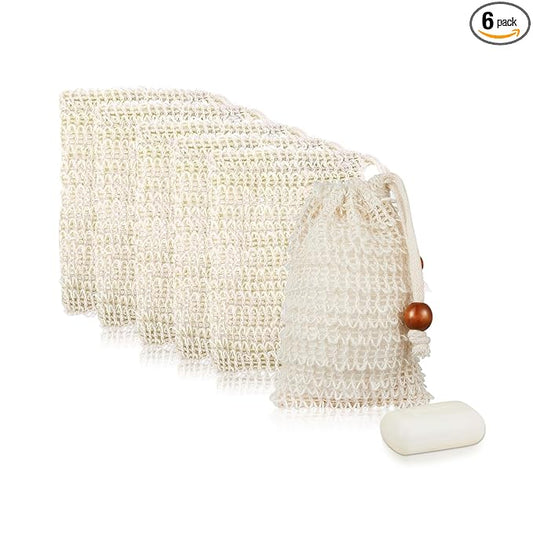 Soap Saver Bag, Soap Bag Soft for Shower, Exfoliating Mesh Soaps Saver Pouch Bags for Facial Body Cleansing Foaming (3.5''x5.5'', Beige with Wooden Beads)
