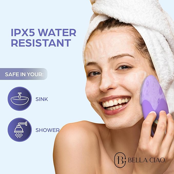 Bella Ciao 12-Speed Gentle Facial-Cleansing Brush, Rechargeable Silicone Face Scrubber, Deep-Cleaning and Exfoliating Face-Wash Brush, Water-Resistant Design, Purple