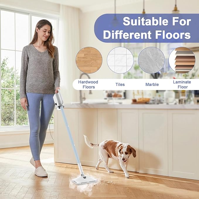 6-in-1 Steam Mop, 1200W Rotated Steam Cleaner for Home, 2 Modes, 400ML Removable Tank, 23FT Power Cord, 2 Pads, Multi-Surface Steamer for Hard Floor, Laminate Floor, Tiles Cleaning (Light Blue)