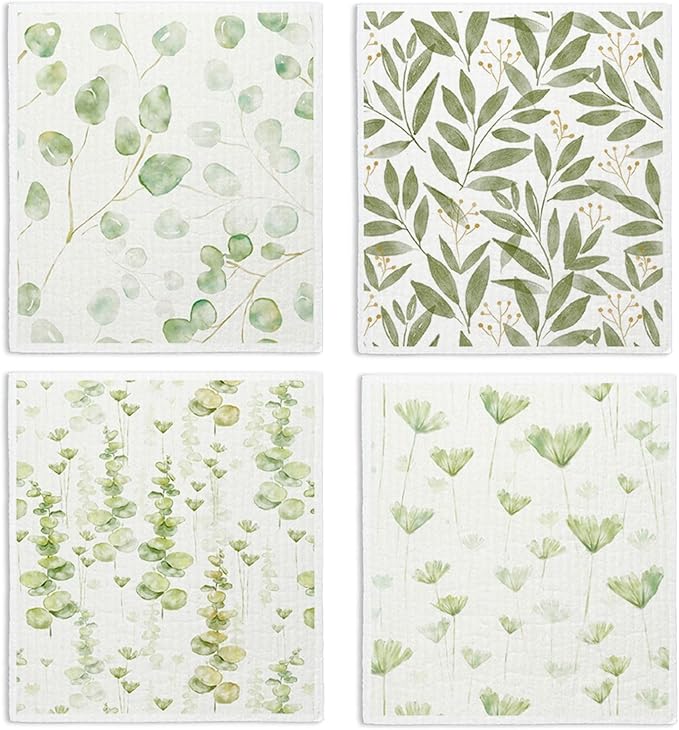Swedish Dishcloths, Botanical Watercolor Leaf, 4 Pack Reusable Paper Towels, Cotton & Wood Pulp, 6.7 x 7.5 Inches