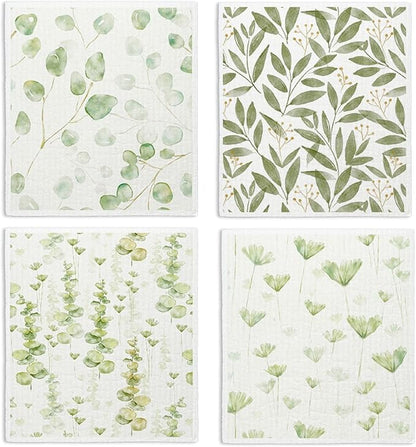 Swedish Dishcloths, Botanical Watercolor Leaf, 4 Pack Reusable Paper Towels, Cotton & Wood Pulp, 6.7 x 7.5 Inches