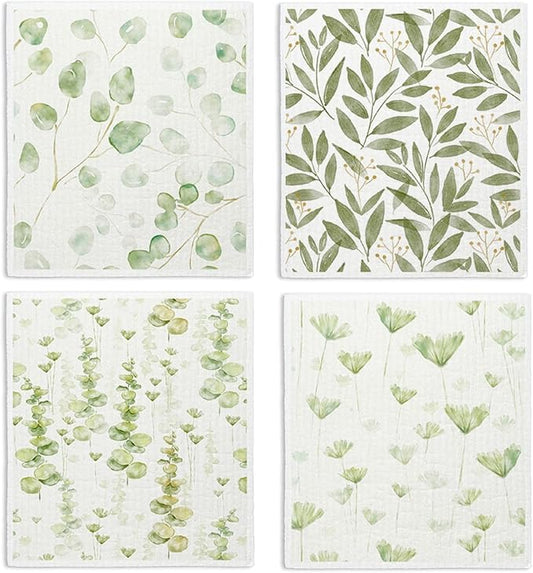 Swedish Dishcloths, Botanical Watercolor Leaf, 4 Pack Reusable Paper Towels, Cotton & Wood Pulp, 6.7 x 7.5 Inches