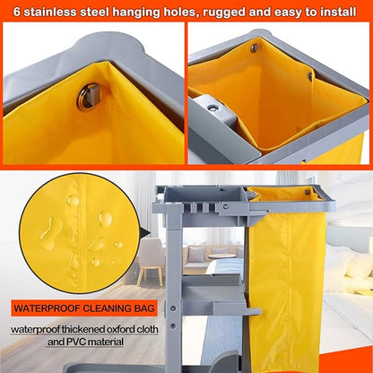 Replacement Janitorial Cart Bag, High Capacity Waterproof Thickened Housekeeping Commercial Janitorial Cleaning Cart Bag with 6 Brass Grommets - 25 Gallon (Yellow with 5 Pockets)