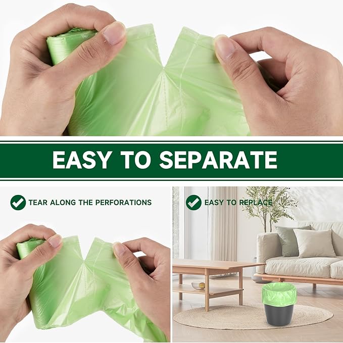 Biodegradable Small Trash Bags 4 Gallon, 105 Counts Unscented Bathroom Trash Bags, Easy Tearing Small Garbage Bags for Bathroom Bedroom Office, Green
