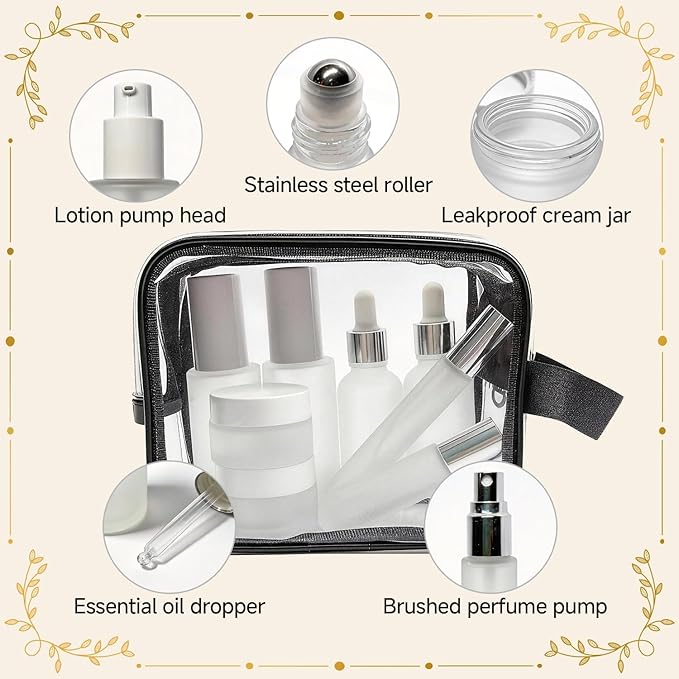 18-Pack Glass Travel Bottles Set, 1.35/0.7/1 oz TSA Approved Containers with Pump Spray, White Small Bottles for Toiletries, Makeup, Skincare