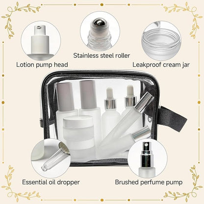 18-Pack Glass Travel Bottles Set, 1.35/0.7/1 oz TSA Approved Containers with Pump Spray, White Small Bottles for Toiletries, Makeup, Skincare