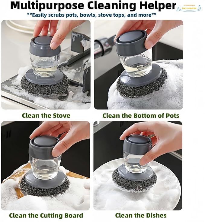 Soap Dispense Palm Scrub dishwashing Kitchen Scrubber Press Automatic Liquid wash Pot ，Small Dish Brush(PET)