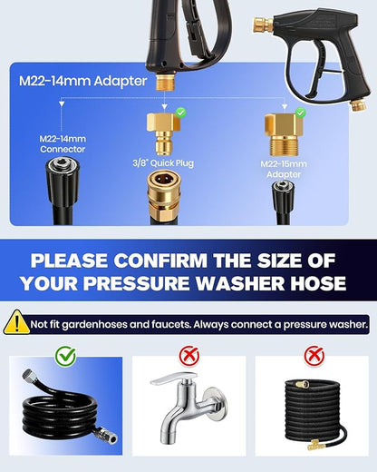 Saker Short Pressure Washer Gun with Foam Cannon, M22-14 to M22-15 and M22-14 to 3/8 Inch Brass Adapter Connector, with 5 Pressure Washer Nozzles