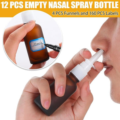 20 Pcs Nasal Spray Bottle, 30ML/1oz 12 Pcs Brown Empty Refillable Matte Glass Nasal Spray Bottle with 4 Funnels and 4 Labels