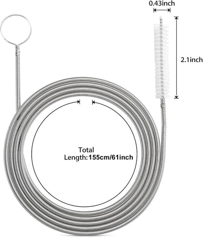 RayTour Extra-Thick Drain Brush with Stronger Spring 61-Inch Stainless Steel and Nylon Pipe Cleaner for Flexible, Curved & Slim Holes, Stronger Spring Version