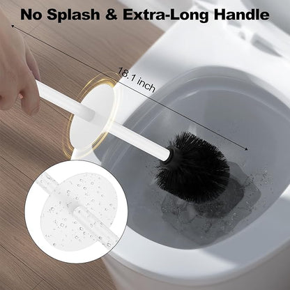 White Toilet Brush and Holder Set，Stainless Steel Heavy Duty Toilet Bowl Brush，Extra Long Handled Modern Toilet Cleaner Brush with Replaceable Head, Removable Inner Bowl, and Splash Protection
