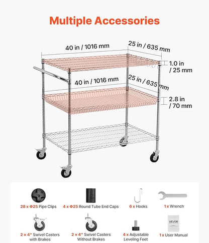 VEVOR Kitchen Utility Cart, 3 Tier Heavy Duty Adjustable Wire Storage Rack, Commercial Steel Rolling Service Trolley on Wheels, Work Table with Handle Bar, for Garage and Laundry Room, 40x25x40.9 in