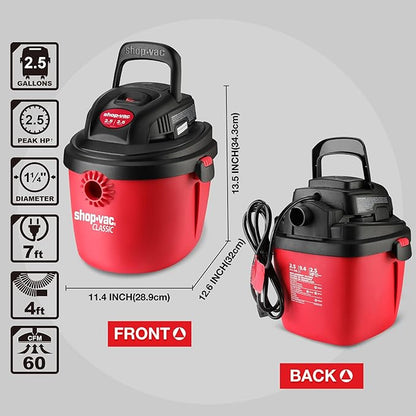 Shop-Vac 2.5 Gallon 2.5 Peak HP Wet/Dry Vacuum, Portable Compact Shop Vacuum with Collapsible Handle Wall Bracket & Multifunctional Attachments for Home, Jobsite. 2036000