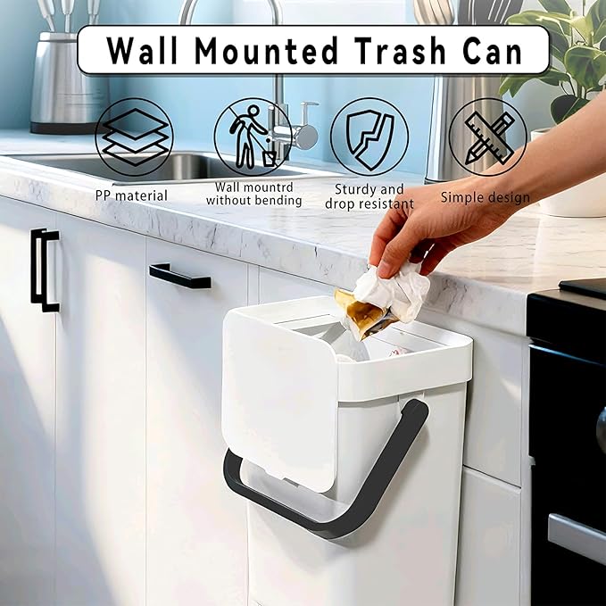Compost Bin Kitchen, for use on Countertops or Under Sinks, Hanging Trash Can with Lid, Mountable Indoor Compost Bucket, for Cupboard/Bathroom/Bedroom/Office/Camping (White 1.3 Gallon/5L)