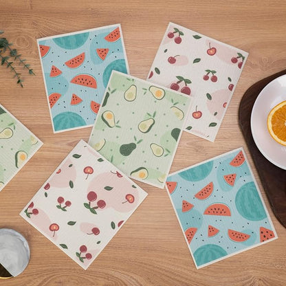 Swedish Dishcloths for Kitchen, 6 Pack Fruit Swedish Dish Towels with Clips, Reusable Paper Towels Washable Non-Scratch Super Absorbent Cellulose Sponge Cloths, Biodegradable No Odor